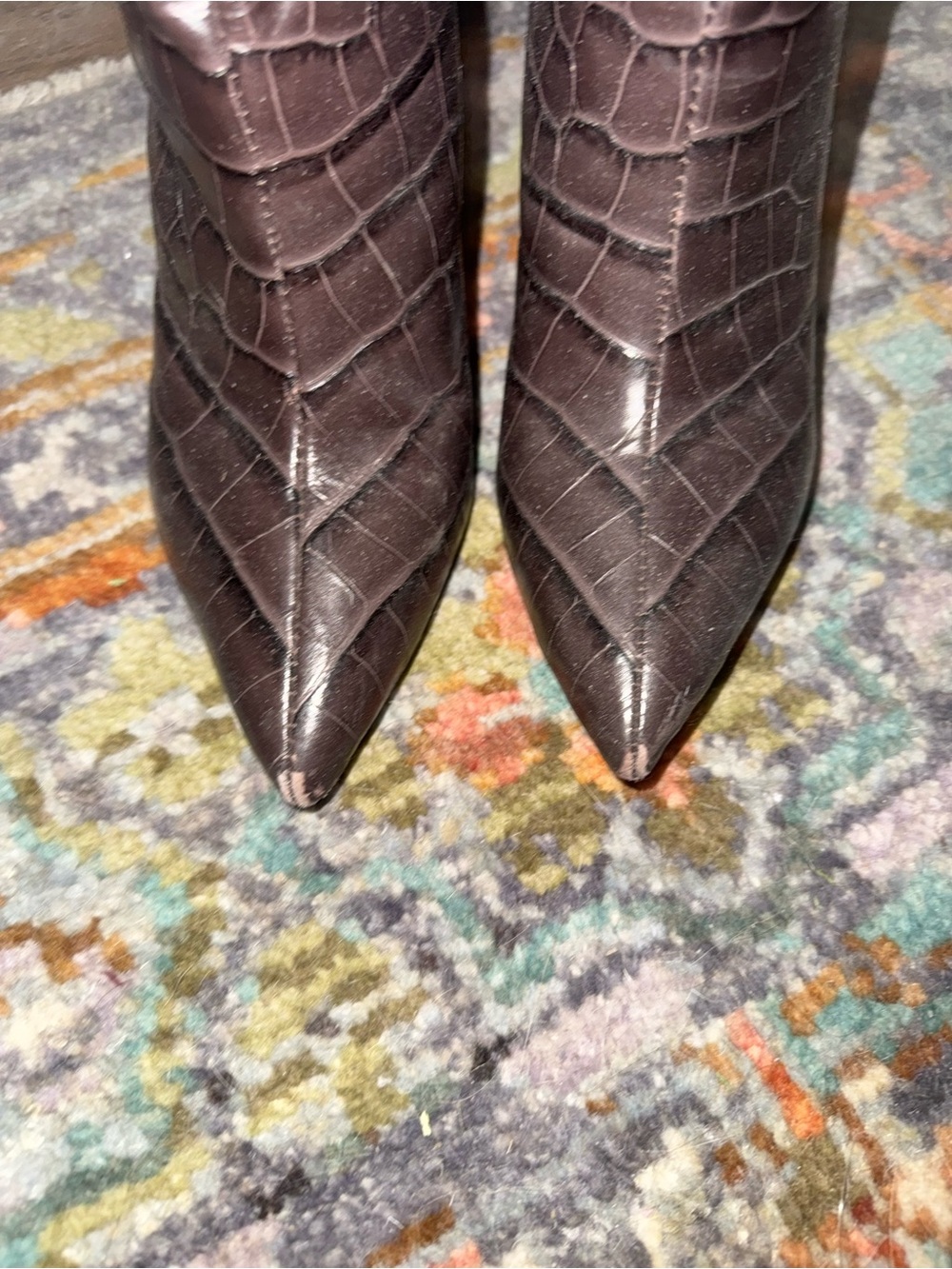 SCHUTZ Croc-Embossed Pointed-Toe Over-the-Knee Boots - Dark Brown - Picture 2 of 6